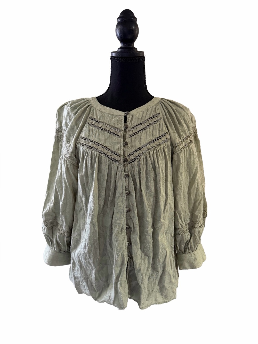 Anthropologie Womens Medium Green Textured Cotton Lace Boho Peasant Blouse Top
